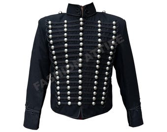 Men's Black Napoleonic Military Hussar Jacket – Braided Front, Silver Dome Buttons, Steampunk Marching Band Costume, Gothic Parade Jacket