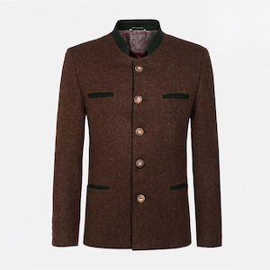 May include: A brown wool jacket with a mandarin collar and gold buttons. The jacket has dark green trim on the collar and pockets. A traditional style garment.