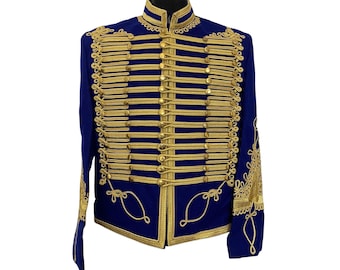 Men's Blue Napoleonic Military Hussar Jacket Handmade Tunic Pelisse Jimi Hendrix Wedding Jacket