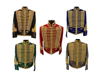 May include: Five military-style jackets in black, red, blue, green, and gray. Each jacket features gold-colored trim, including multiple rows of horizontal bars across the chest and decorative embroidery on the sleeves. The jackets have high collars and button closures.