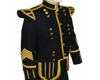 Scottish Black Military Piper Doublet Kilt Jacket:  Handmade Wool Doublet Jackets For Men
