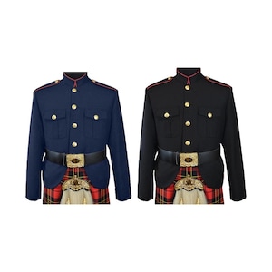 May include: Two military jackets: one navy blue, one black. Both have gold buttons, red trim, and black belts with gold buckles. Each is worn with a red and black tartan kilt. The jackets are displayed against a white backdrop.