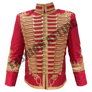 Men&#39;s Red Wool Hussar Jacket: Napoleonic Military Tunic with Gold Braiding