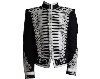 Black Napoleonic Military Hussar Jacket: Custom-Made Gothic Steampunk Coat with Silver Braiding