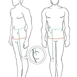 K&ouml;nnte beinhalten: Linienzeichnung, die zeigt, wie man die Taille, die Sitzweite und die L&auml;nge eines Kilts misst. Die Illustration zeigt eine Person, die steht, mit Linien, die angeben, wo gemessen werden soll.