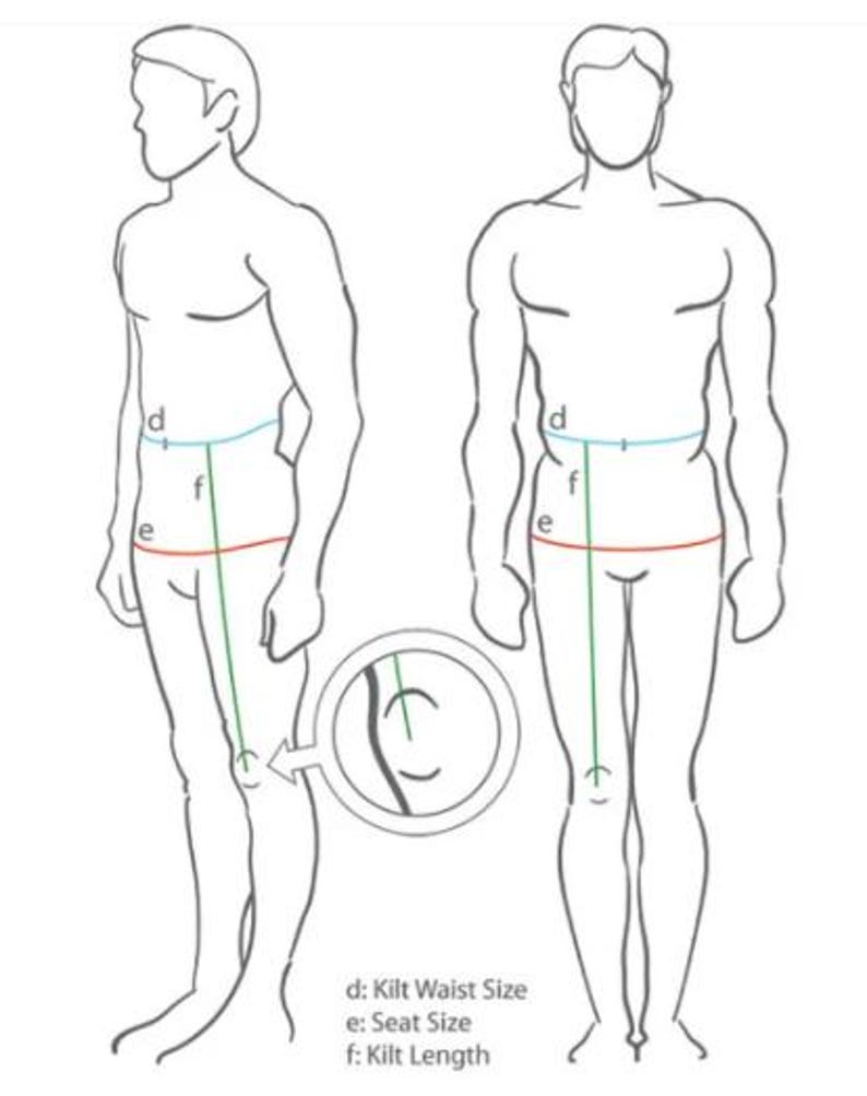 K&ouml;nnte beinhalten: Linienzeichnung, die zeigt, wie man die Taille, die Sitzweite und die L&auml;nge eines Kilts misst. Die Illustration zeigt eine Person, die steht, mit Linien, die angeben, wo gemessen werden soll.