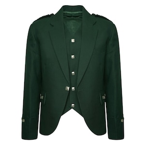 Handmade Green Serge Wool Argyle Kilt Jacket with Vest