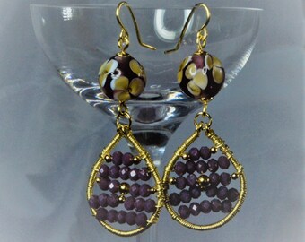 Handmade Lampwork Beads: Purple Flower Glass Beads with Crystals Drop Earrings