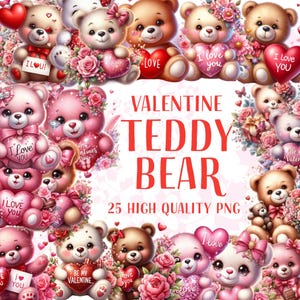 Conjunto de imágenes prediseñadas PNG de ositos de peluche de acuarela para San Valentín: 25 ositos románticos para proyectos de bricolaje