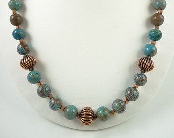 Jasper Necklace Blue Sky Jasper Necklace Copper Blue Gemstone Bead Necklace Brown Blue Short Jasper Strand