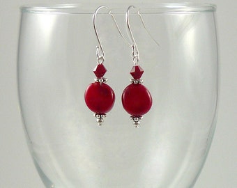 Red Coral Earrings Silver Genuine Bright Red Bamboo Coral Drop Earrings Red Coral Crystal Earrings Coral Dangle Earrings Coral Drops