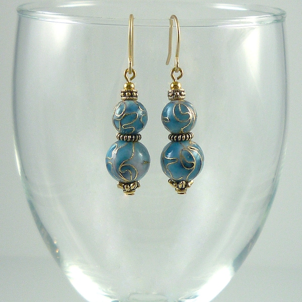 Genuine Cloisonne Drop Earrings Gold Light Blue Dangle Earrings Enamel Bead Earrings Cloisonne Drops