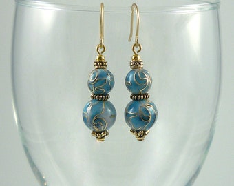 Genuine Cloisonne Drop Earrings Gold Light Blue Dangle Earrings Enamel Bead Earrings Cloisonne Drops