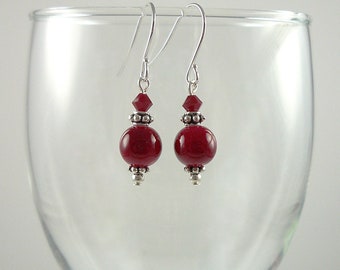 Red Coral Bead Earrings with Antiqued Silver Beads and Red Swarovski Crystals Genuine Red Bamboo Coral Silver Drop Earrings Red Dangles