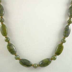 24-Inch Green Serpentine Gemstone Bead Necklace Green Gemstone and Brass Necklace Green Serpentine Necklace