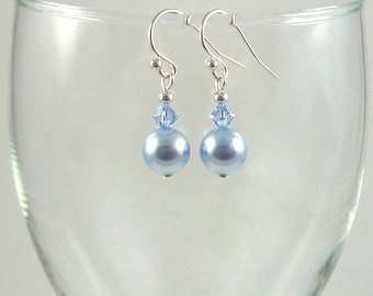 Light Blue Pearl Drop Earrings Sterling Silver Pearl Swarovski Crystal Earrings Blue Pearl Sterling Sterling Dangle Earrings