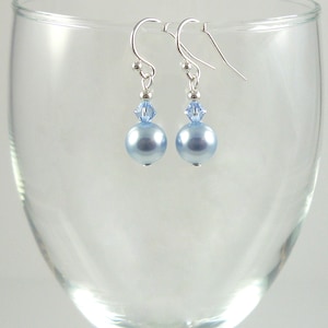 Light Blue Pearl Drop Earrings Sterling Silver Pearl Swarovski Crystal Earrings Blue Pearl Sterling Sterling Dangle Earrings image 1