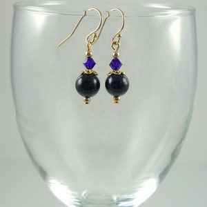 Dark Blue Goldstone Drop Earrings Gold Midnight Blue Bead Earrings Cobalt Blue Gemstone Crystal Dangle Earrings image 1