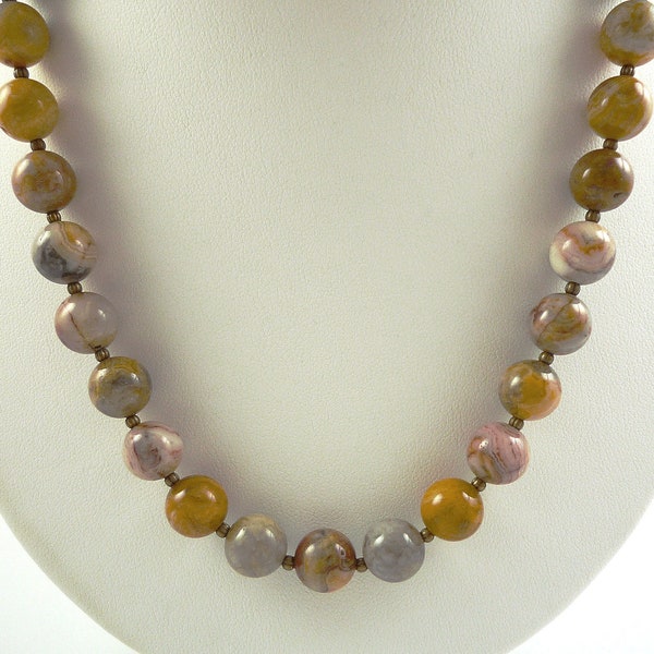 Crazy Lace Agate Necklace Gemstone Bead Necklace Fall Colors Necklace Short Agate Brass Bead Jewelry Multi Colored Red Gray Yellow Agate