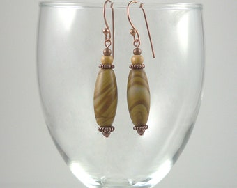 Picture Jasper Drop Earrings Copper Gemstone Bead Earrings Neutral Colors Copper Wood Jasper Dangle Earrings