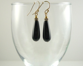 Black Onyx Drop Earrings Gold Onyx Teardrop Gemstone Earrings Black Gold Earrings Black Onyx Dangle Earrings Black Gemstone Drops