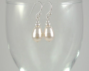 White Pearl Drop Earrings Sterling Silver Small Pearl Teardrop Earrings White Swarovski Pearl Silver Dangle Earrings