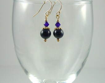 Dark Blue Goldstone Drop Earrings Gold Midnight Blue Bead Earrings Cobalt Blue Gemstone Crystal Dangle Earrings