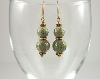 Cloisonne Drop Earrings Gold Genuine Cloisonne Bead Earrings Pale Light Green Dangle Earrings Enamel Cloisonne Drops