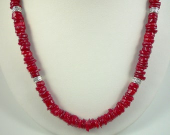Red Coral Necklace Silver Short Bright Red Bamboo Coral Bead Necklace Genuine Red Coral Silver Strand