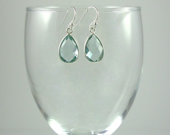 Pale Aqua Chalcedony Drop Earrings Sterling Silver Teardrop Gemstone Earrings Light Sea Green Dangle Earrings Aqua Sterling Drops