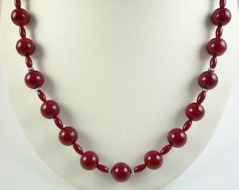 Genuine Red Coral Necklace 24" Red Bamboo Coral Antiqued Silver Necklace Dark Red Coral Bead Necklace