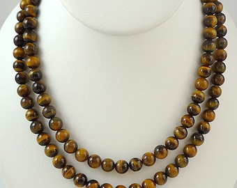 Long Tiger Eye Gemstone Bead Necklace 34 Inch Golden Brown Tigers Eye Necklace Long TigerEye Strand