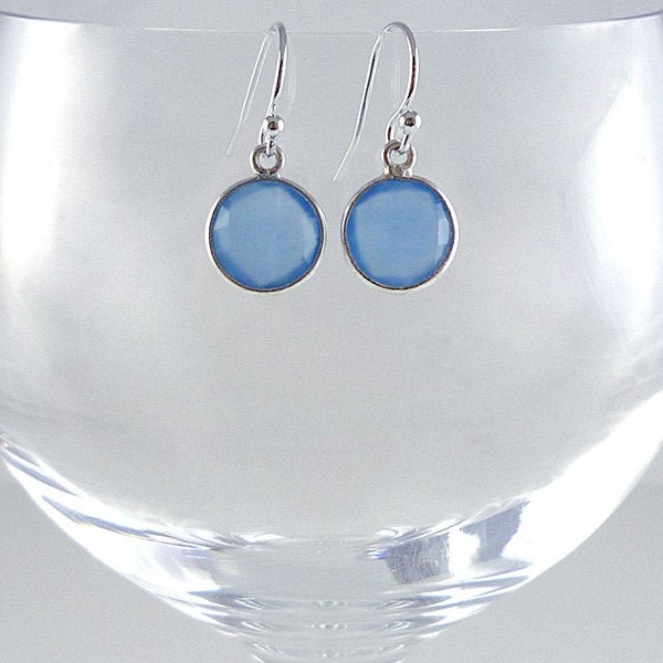 Blue Chalcedony Earrings Sterling Silver Gemstone Drop Earrings Cornflower Blue Dangle Earrings Light Blue Drops Small Round Gemstone Dangly