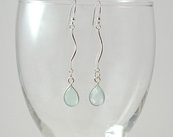 Pale Aqua Chalcedony Drop Earrings Sterling Silver Gemstone Earrings Light Sea Green Silver Dangle Earrings Mint Chalcedony Sterling Drops