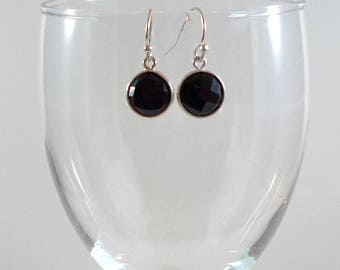 Onyx Earrings Sterling Silver Black Gemstone Drop Earrings Onyx Silver Dangle Earrings Black Drops Small Round Gemstone Dangly