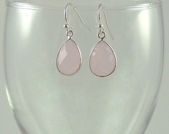 Pink Chalcedony Earrings Sterling Silver Gemstone Drop Earrings Light Pink Earrings Rose Quartz Teardrop Earrings Pink Drops