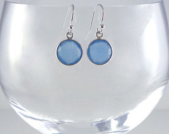 Blue Chalcedony Earrings Sterling Silver Gemstone Drop Earrings Cornflower Blue Dangle Earrings Light Blue Drops Small Round Gemstone Dangly