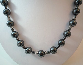 Hematite Necklace Silver Gemstone Bead Necklace  Short Hematite Strand Gray Silver Necklace Beaded