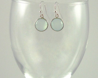 Pale Aqua Chalcedony Drop Earrings Sterling Silver Gemstone Earrings Light Sea Green Mint Dangle Earrings Small Round Gemstone Earrings