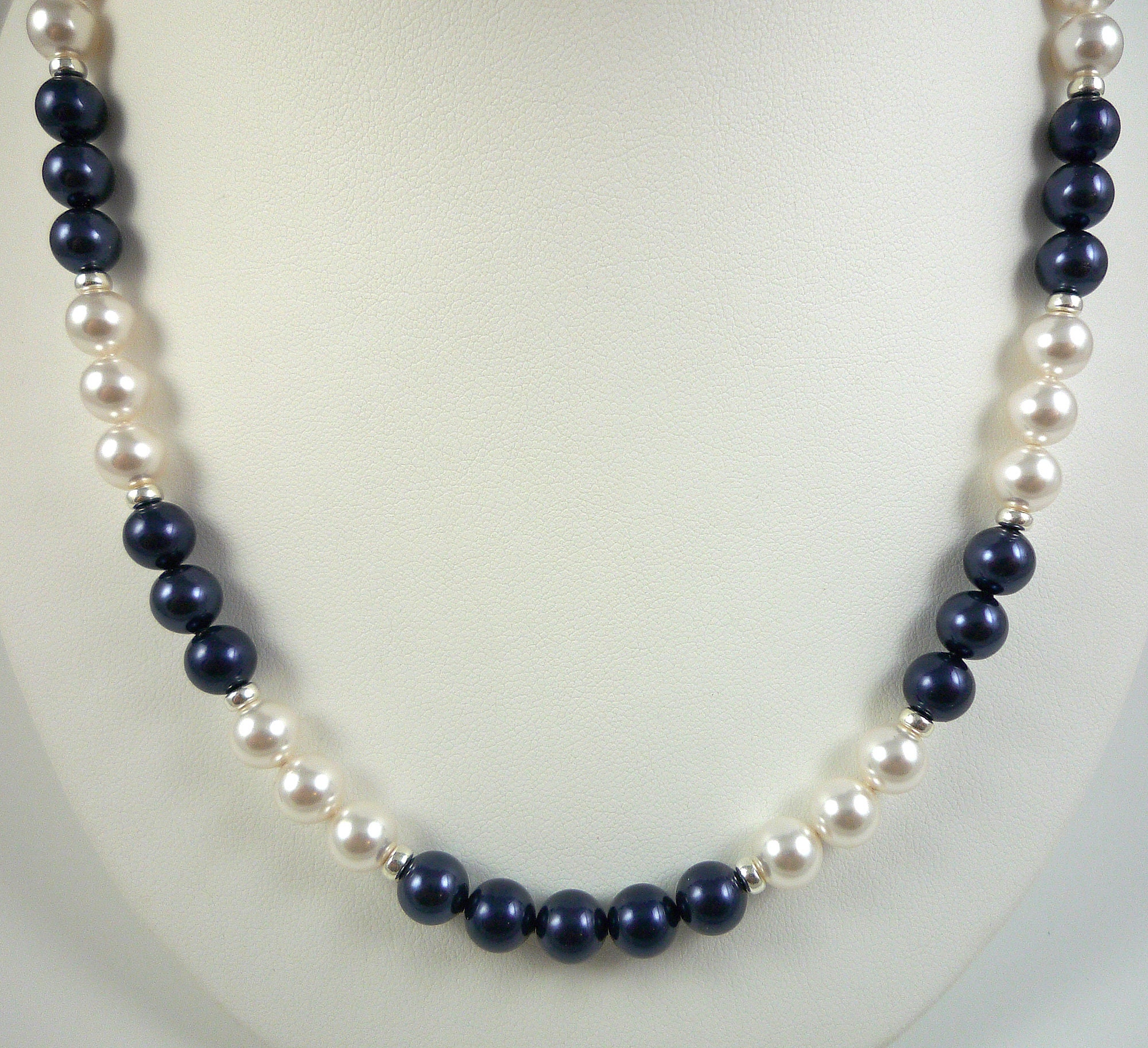 Blue White Pearl Necklace Sterling Silver Dark Blue Bright White Swarovski Pearl Necklace 21 inch Pearl Crystal Gift Necklace Pearl Gift Etsy Ireland