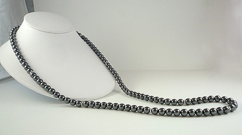 Long Hematite Necklace Silver Gray Gemstone Bead Necklace Charcoal Silver Jewelry Beaded Long Hematite Strand image 2