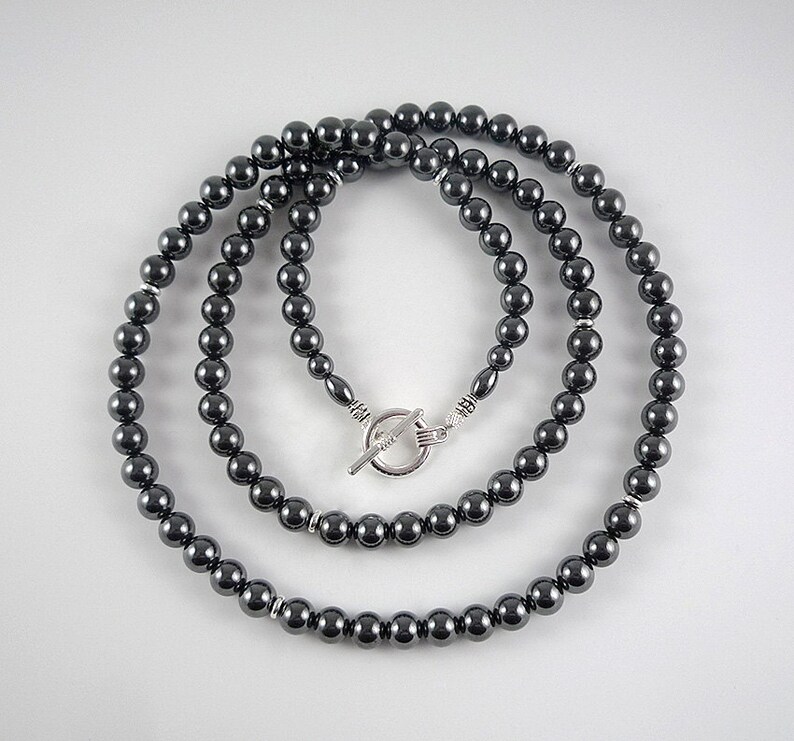 Long Hematite Necklace Silver Gray Gemstone Bead Necklace Charcoal Silver Jewelry Beaded Long Hematite Strand image 4