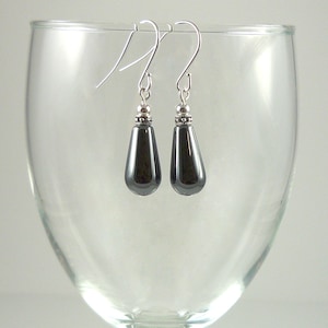 Hematite Earrings Silver Gemstone Bead Earrings Hematite Drop Earrings Gray Hematite Teardrop Dangle Earrings Hematite Gemstone Drops