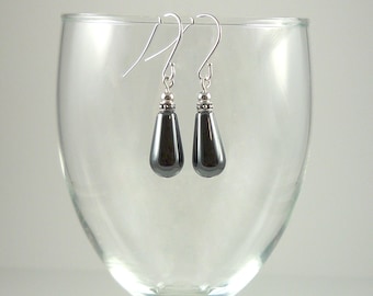 Hematite Earrings Silver Gemstone Bead Earrings Hematite Drop Earrings Gray Hematite Teardrop Dangle Earrings Hematite Gemstone Drops