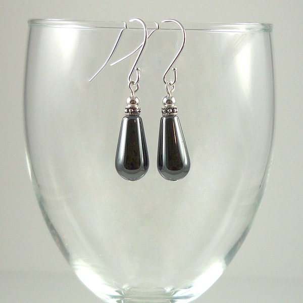 Hematite Earrings Silver Gemstone Bead Earrings Hematite Drop Earrings Gray Hematite Teardrop Dangle Earrings Hematite Gemstone Drops