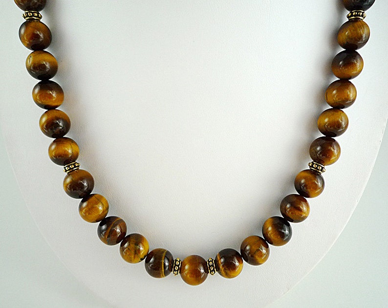 Tiger Eye Necklace Gold Gemstone Bead Necklace Tigers Eye Necklace Golden Brown TigersEye Jewelry Short Tiger Eye Strand image 1