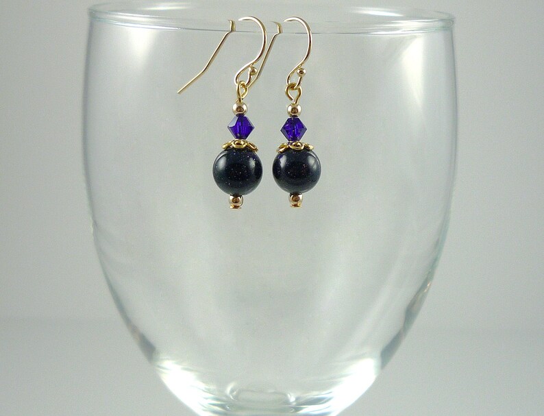 Dark Blue Goldstone Drop Earrings Gold Midnight Blue Bead Earrings Cobalt Blue Gemstone Crystal Dangle Earrings image 1