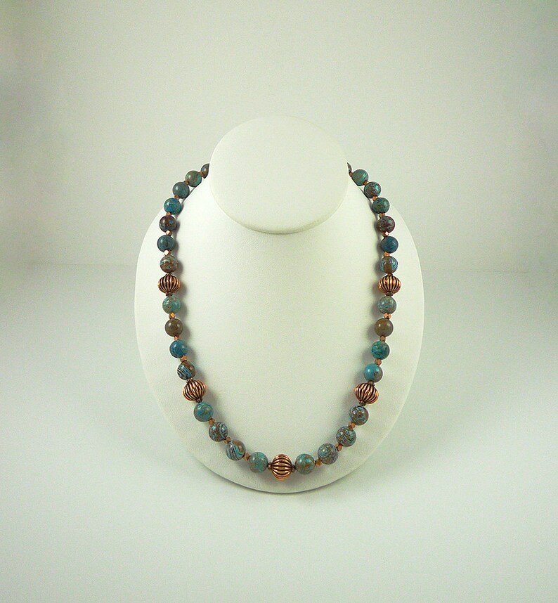 Jasper Necklace Blue Sky Jasper Necklace Copper Blue Gemstone Bead Necklace Brown Blue Short Jasper Strand image 3