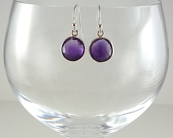 Amethyst Earrings Sterling Silver Gemstone Drop Earrings Purple Dangle Earrings Amethyst Silver Drops Small Round Gemstone Dangly Earrings