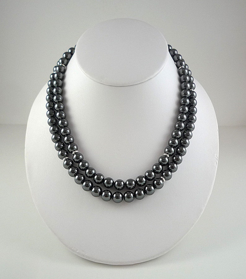 Long Hematite Necklace Silver Gray Gemstone Bead Necklace Charcoal Silver Jewelry Beaded Long Hematite Strand image 3